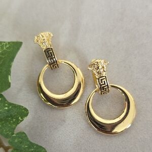 Gold Filled Hoop Earrings with Medusa Head Design and Greek Key Design
